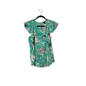 I Heart Ronson Blue Size S Peony Floral Green Pink Flutter Sleeve Pullover